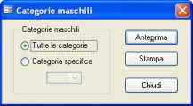 La maschera di selezione della categoria per inserire il tempo di gara e il rango