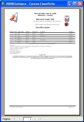 Il report per stampa della classifica di categoria
